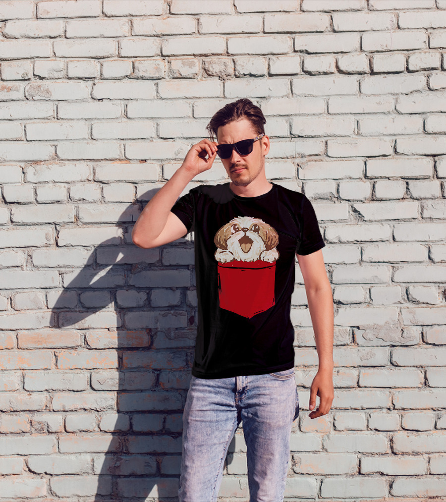 Shih-Tzu Puppy Dog Peeking Out Of Red Pocket T-Shirt