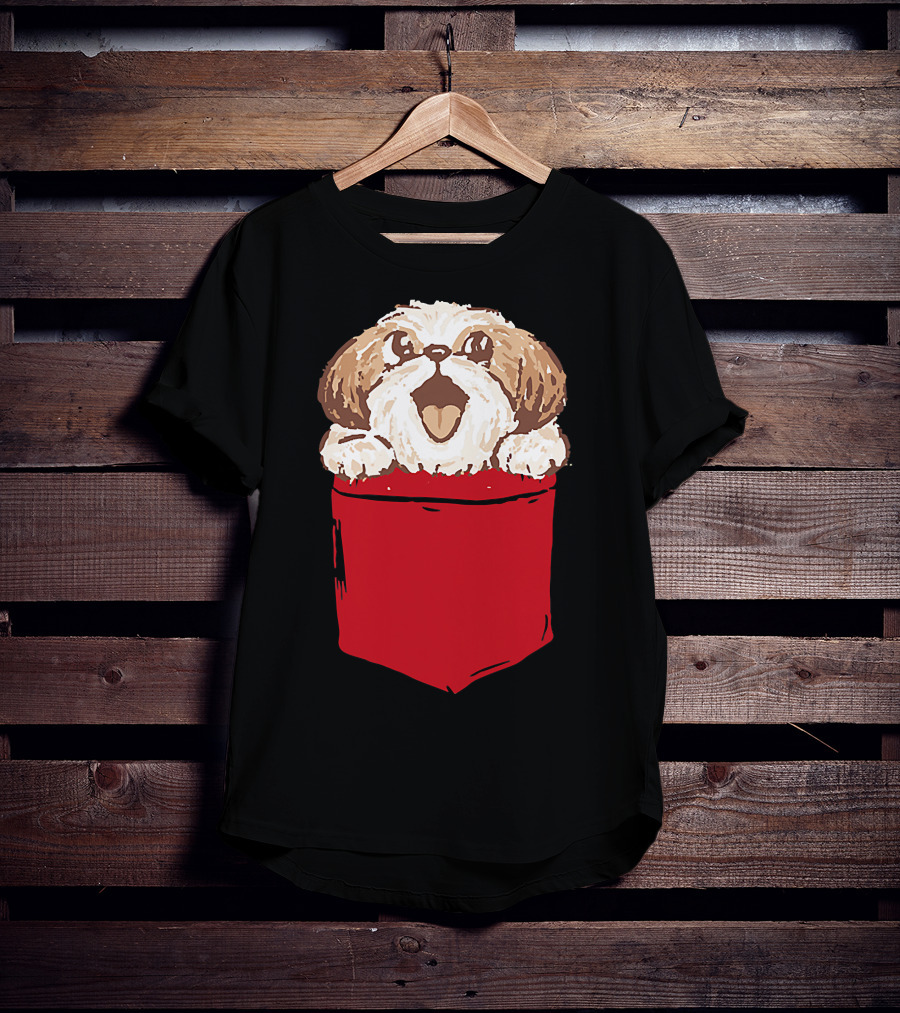 Shih-Tzu Puppy Dog Peeking Out Of Red Pocket T-Shirt