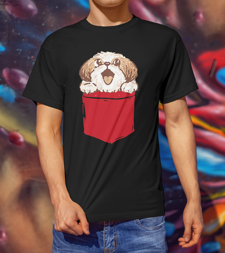 Shih-Tzu Puppy Dog Peeking Out Of Red Pocket T-Shirt