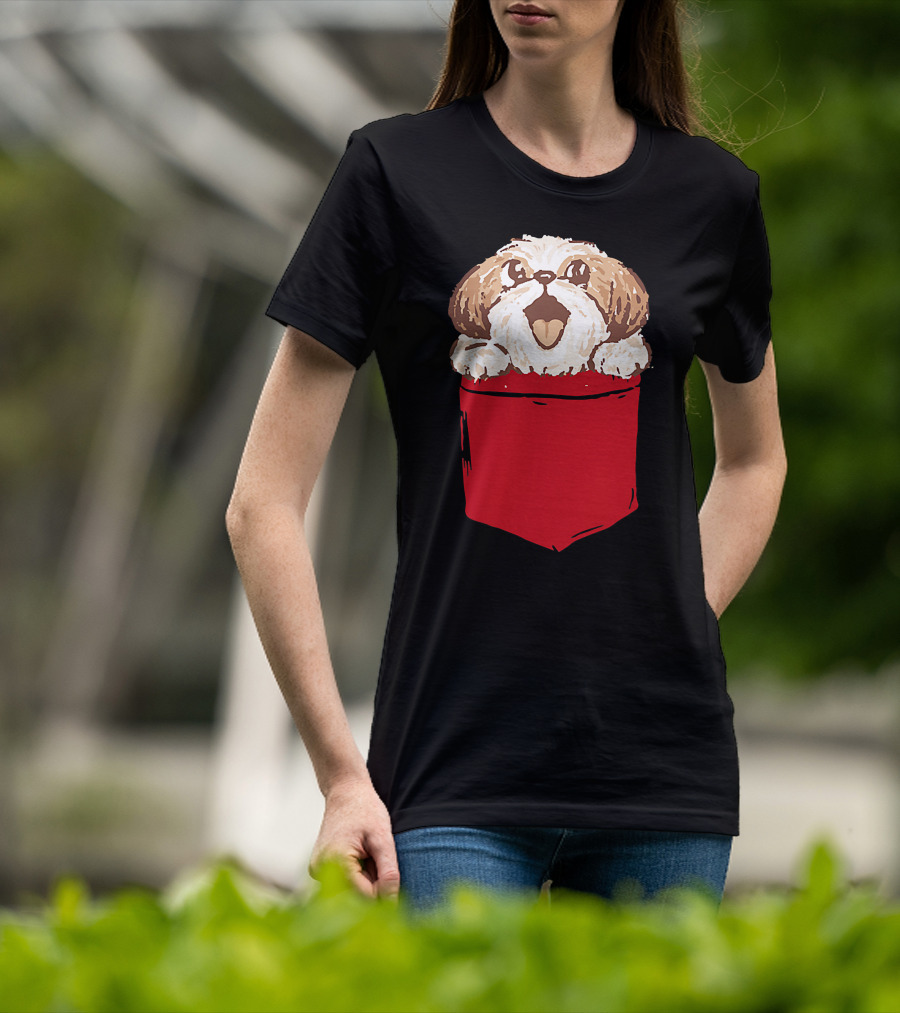 Shih-Tzu Puppy Dog Peeking Out Of Red Pocket T-Shirt