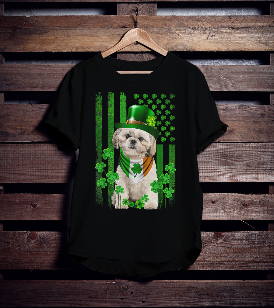 St Patrick's Day Shamrock Hat Shih Tzu With Irish Flag Scarf T-Shirt