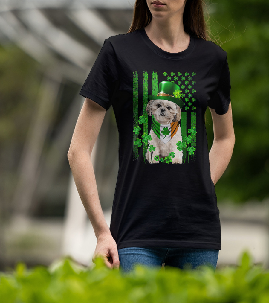 St Patrick's Day Shamrock Hat Shih Tzu With Irish Flag Scarf T-Shirt