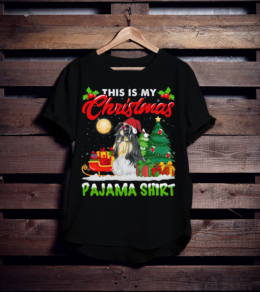 Christmas Pajama Shih Tzu Dog With Santa Hat And Presents T-Shirt