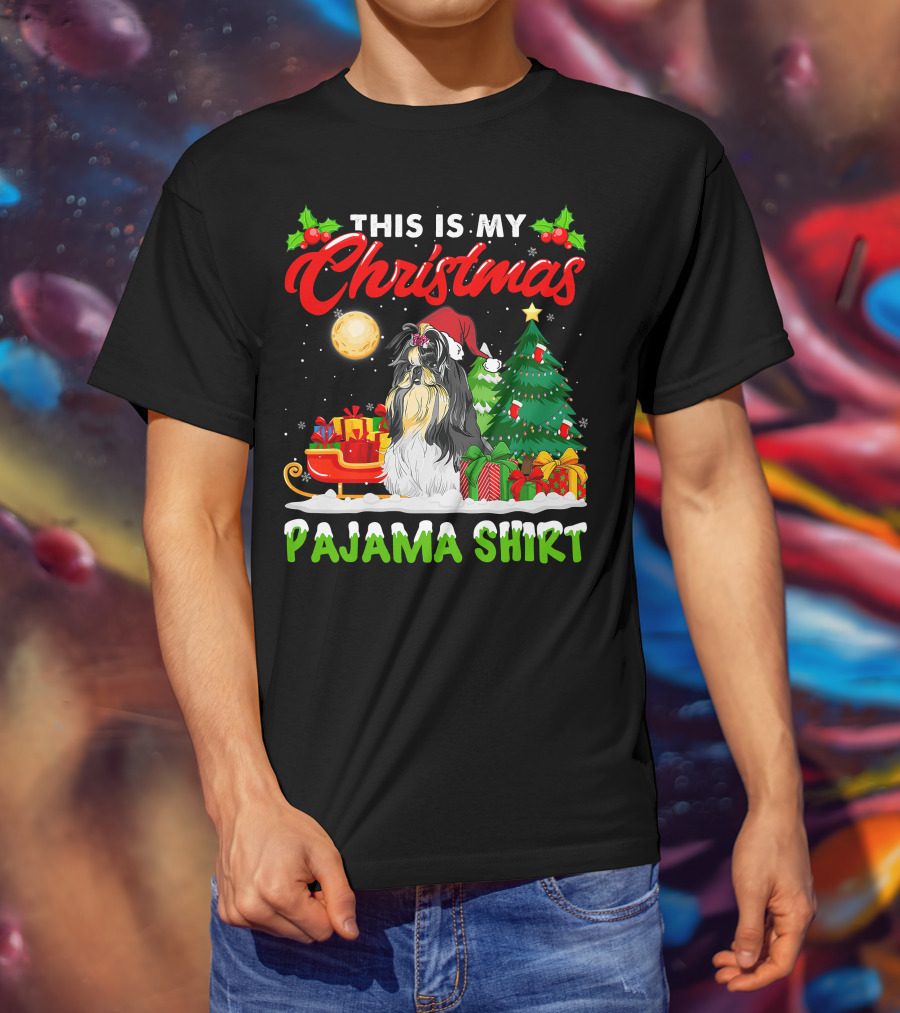Christmas Pajama Shih Tzu Dog With Santa Hat And Presents T-Shirt