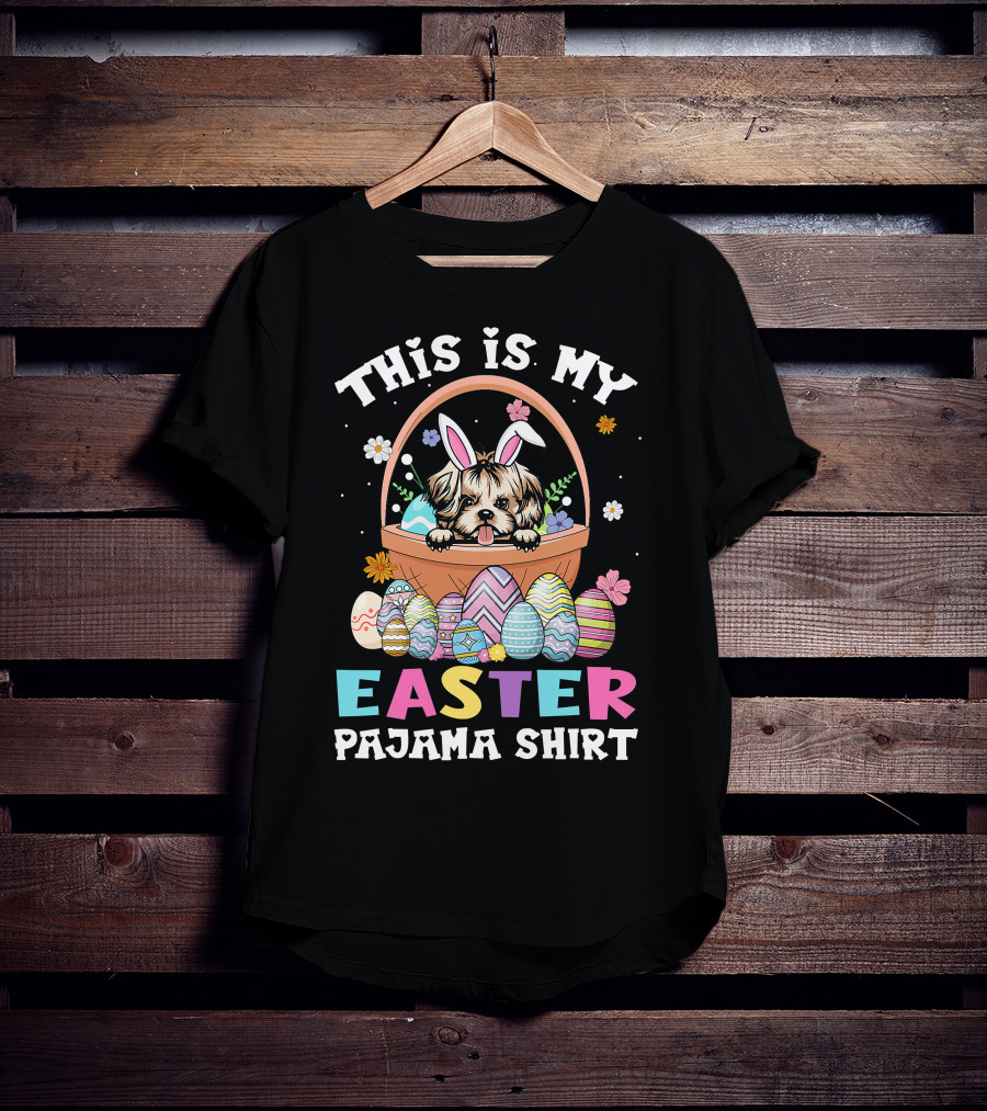 Easter Pajama Shih Tzu Bunny Dog Lover Basket With Colorful Eggs T-Shirt