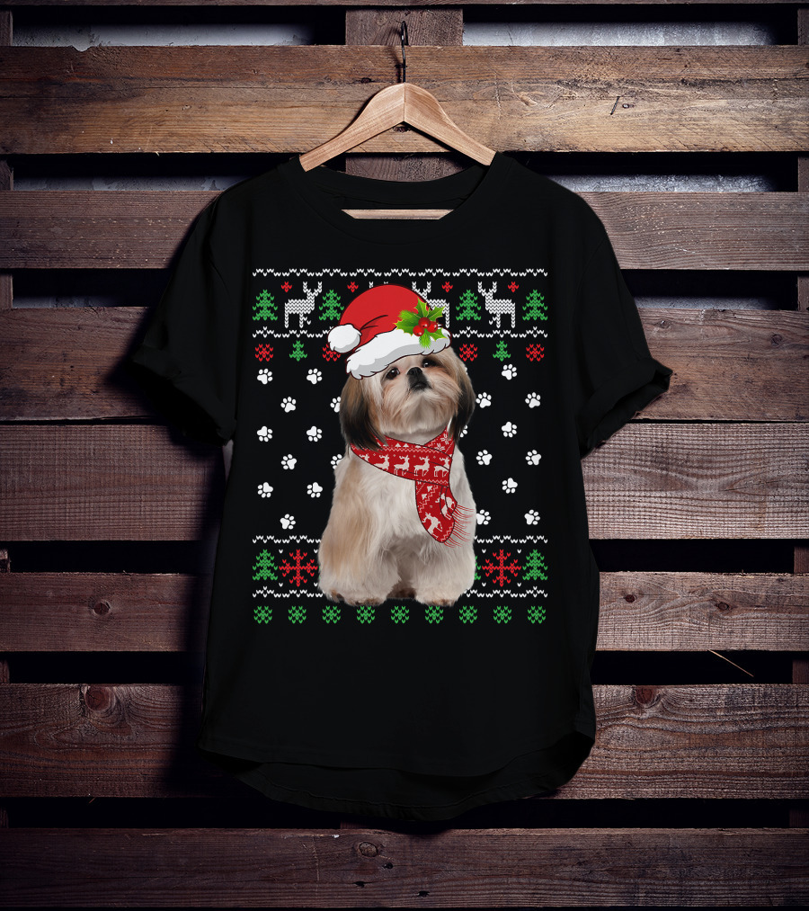 Christmas Shih Tzu Dog Puppy Ugly Sweater Santa Hat Reindeer Scarf T-Shirt