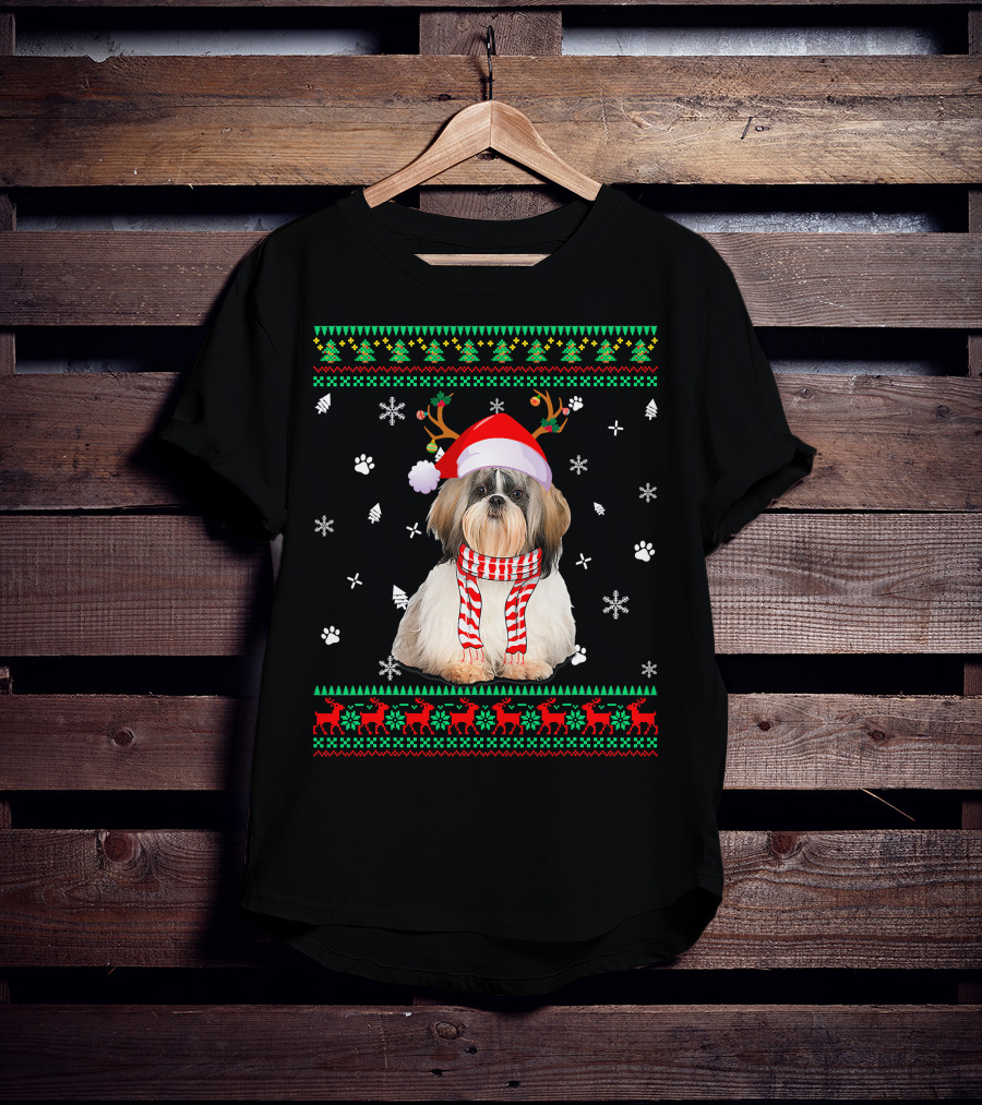 Ugly Sweater Christmas Shih Tzu Dog Santa Reindeer Hat Scarf Festive T-Shirt