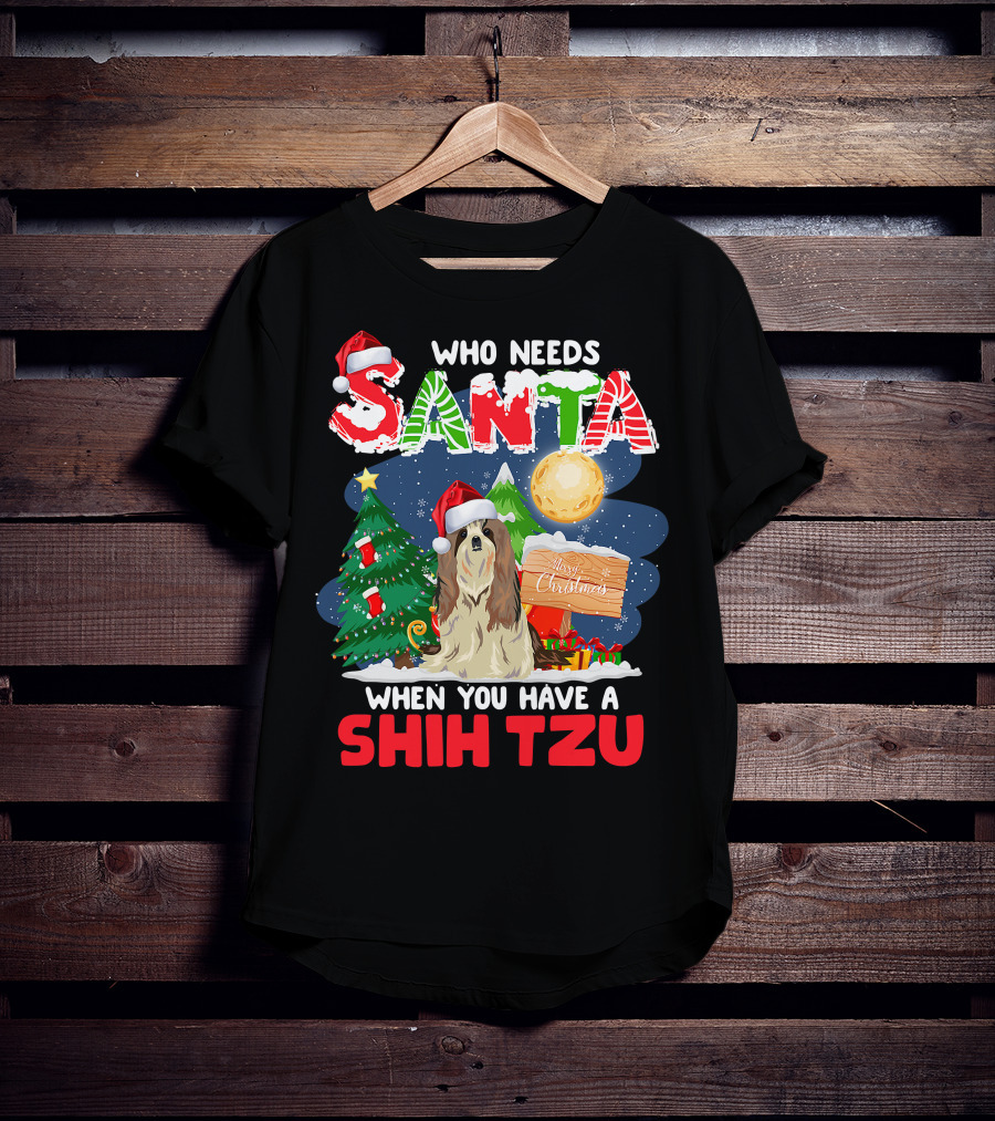 Santa Shih Tzu Merry Christmas Tree Moon Holiday T-Shirt