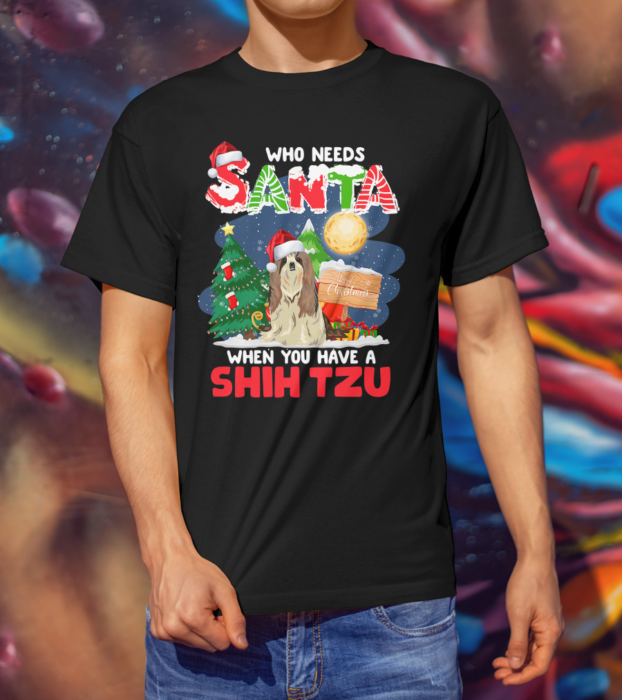 Santa Shih Tzu Merry Christmas Tree Moon Holiday T-Shirt