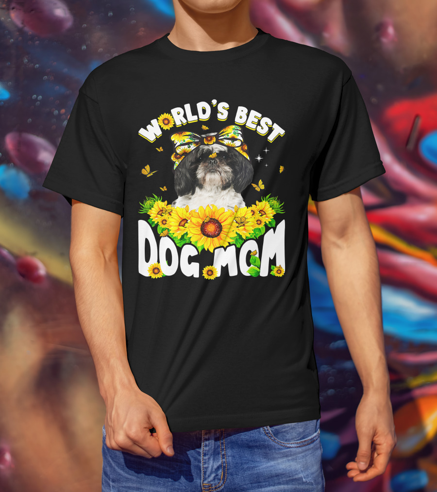 World's Best Shih Tzu Dog Mom Sunflowers And Butterflies T-Shirt