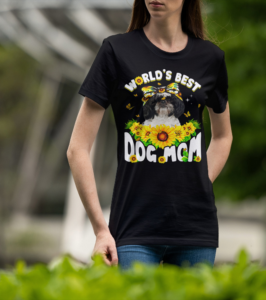 World's Best Shih Tzu Dog Mom Sunflowers And Butterflies T-Shirt
