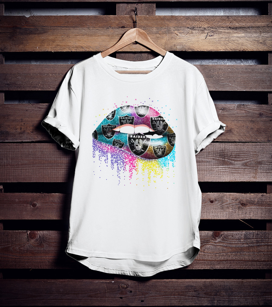 Lips With Colorful Glitter And Raiders Logo T-Shirt