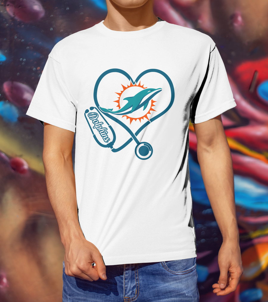 Nurse Heartbeat Miami Dolphins Stethoscope T-Shirt